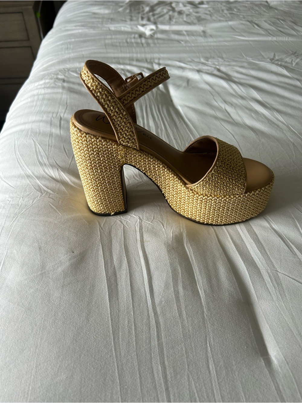 Wild Pair Woven Platform Block Heel Sandal in Natural Straw